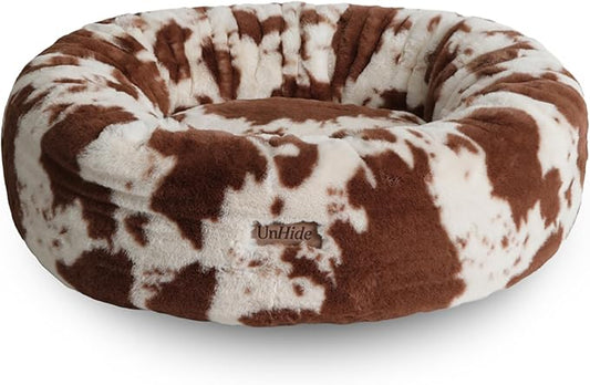 UnHide Floof Pet Bed - Large (35" x 12") - Extra Soft Dog Bed - Removable Faux Fur Cover - Machine Washable - Helps Ease Pet Anxiety & Provides The Perfect Sleep - Cowhide