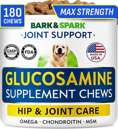 Bark&Spark Glucosamine Chondroitin Dog Hip & Joint Supplement - Joint Pain Relief - Hip & Joint Chews - Joint Support Large Small Breed - Senior Doggie Vitamin Pill Joint Health (180 Treats - Chicken)