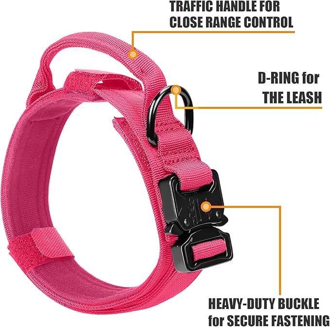 Tactical Dog Collar and Bungee Leash,Military Dog Collar & Leash Set with USA American Flag Adjustable K9 Collar with Heavy Duty Metal Buckle & Handle,with Patches and Airtags Case (Pink, M)