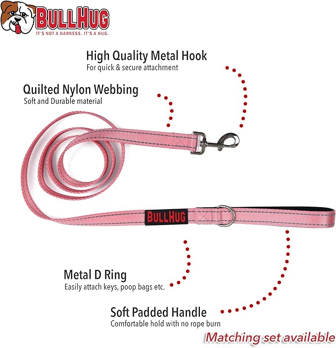 BULLHUG 6 FT Bulldog Leash with Padded Handle. Perfect for Bulldogs, French Bulldogs, Pugs & All Breeds. Leashes for Walking, Training Lead for Bulldogs (Reflective Stitching, BABYPINK)
