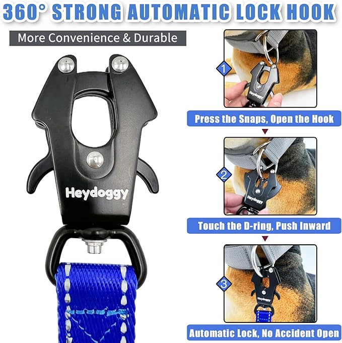 Strong Heavy Duty Dog Leash - 4ft Reflective Nylon Training Leash with Soft Padded Double Handle & Auto Lock Frog Clip - Safety Traffic Control for Large Medium Small Dogs No Pull Walk Dark Blue,4ft