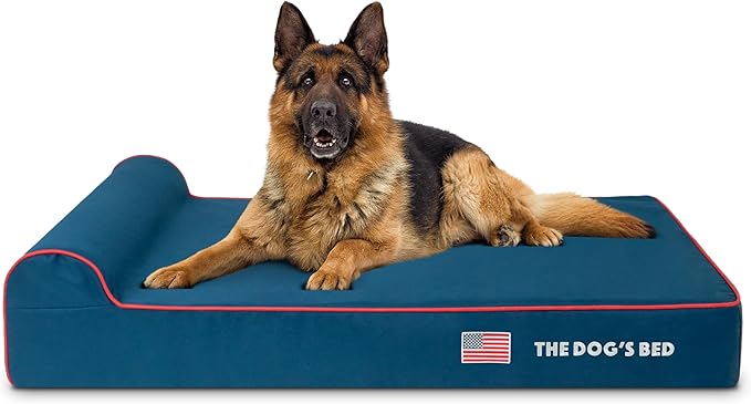 The Dog’s Bed Orthopedic Headrest Dog Bed XL Blue Oxford with Red Trim US Flag, Memory Foam, Hip & Elbow Dysplasia, Post Surgery, Lameness, Waterproof Washable Cover, Veterinary Approved