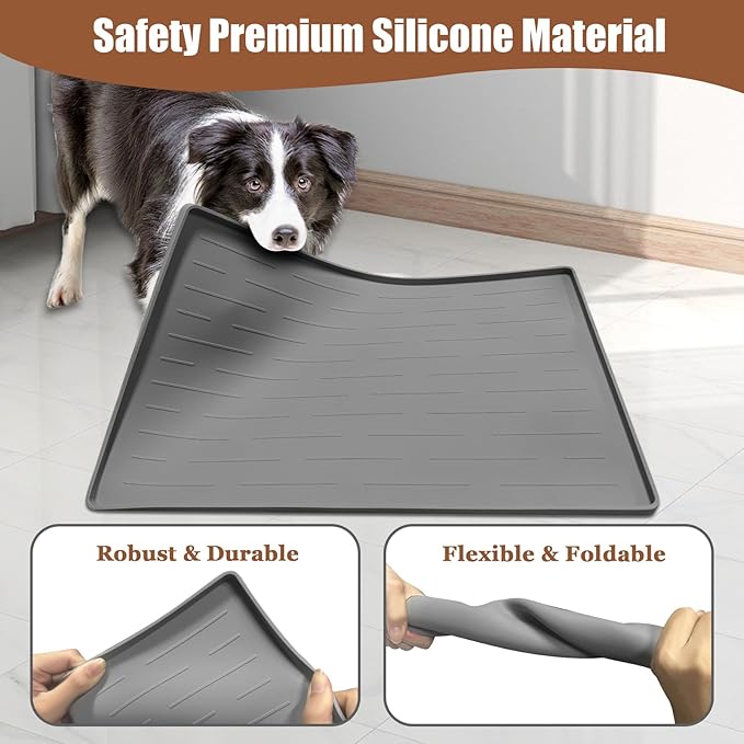 18"x12" Dog Food Mat, Silicone Dog and Cat Mats for Food and Water Bowls, Waterproof Raised Edge Pet Feeding Mat for Contain Spills Protects Floors, Multiple Colors & Sizes for Pets, Light Gray