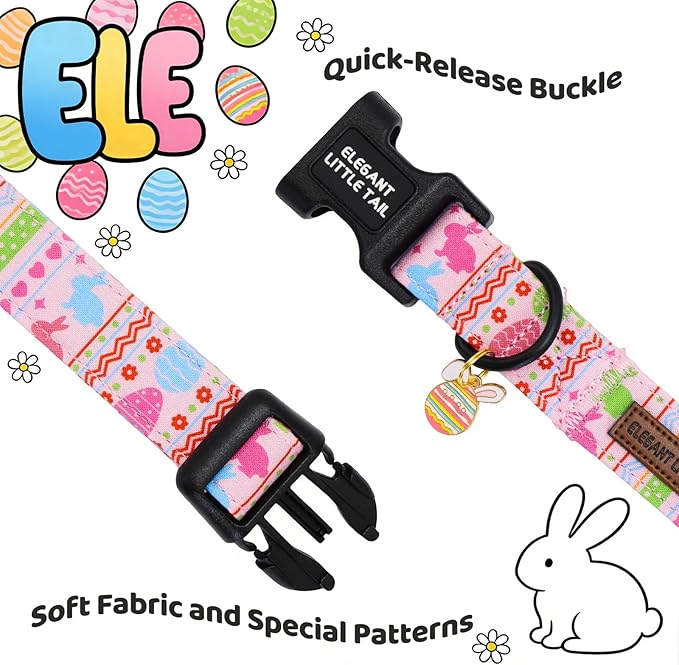 Elegant little tail Easter Dog Collar,Pink Bunny Print Spring Pet Collars Dog Cotton Soft Sturdy Puppy Collars Female or Male Adjustable Collar for Small Medium Large Dogs