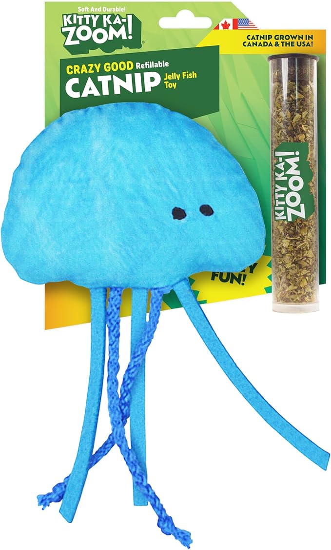 KITTY KA-ZOOM ZOOMIE Jelly Fish - Refillable Catnip Toy + Catnip | High Potency Hand Harvested Fresh Catnip | Soft Plush for Engaging Play