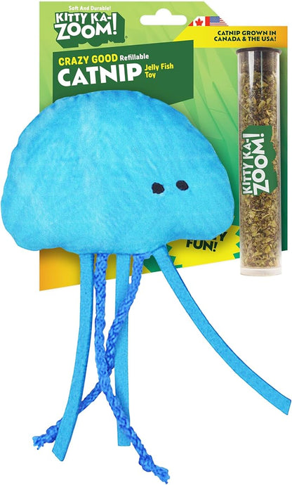 KITTY KA-ZOOM ZOOMIE Jelly Fish - Refillable Catnip Toy + Catnip | High Potency Hand Harvested Fresh Catnip | Soft Plush for Engaging Play