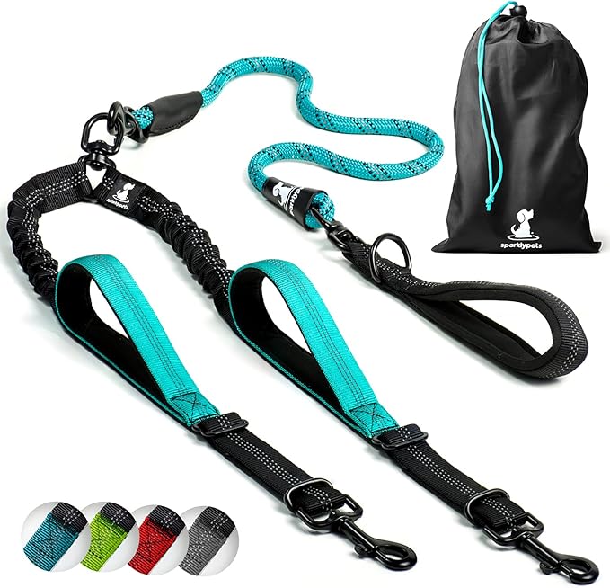 SparklyPets Double Dog Leash for 2 Dogs – Rope Bungee Dual Leash for Medium and Large Breeds with Padded Handles & Tangle Free (Teal, Medium/Large)