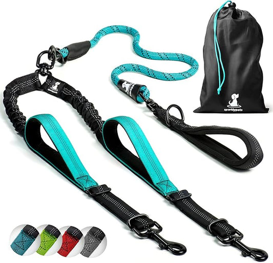 SparklyPets Double Dog Leash for 2 Dogs – Rope Bungee Dual Leash for Medium and Large Breeds with Padded Handles & Tangle Free (Teal, Medium/Large)