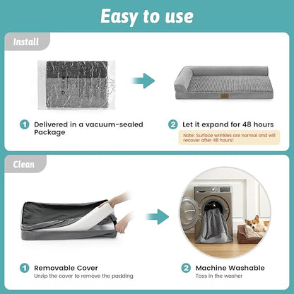 COZY KISS Orthopedic Dog Bed for Extra Large, XXL Dogs Bed, L Shaped Foam Anti-Slip Bottom Giant Pet Cat Sofa with Washable Cover, Suitable for Pet Up to 150 lbs, 48x32x7.5 inch, Grey