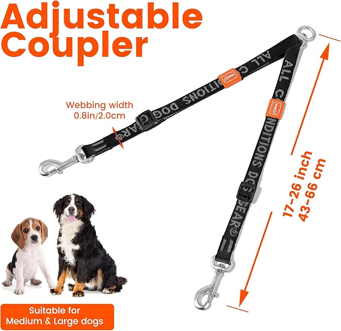 HOWGO Double Dog Leash, No Tangle 360° Swivel, Adjustable Two Padded Handles, Double Clip Dog Leash Coupler Splitter for 30~150 lbs Large and Medium Breeds (Mint Green, 4/5'' x 0.9 FT, Ultralight)