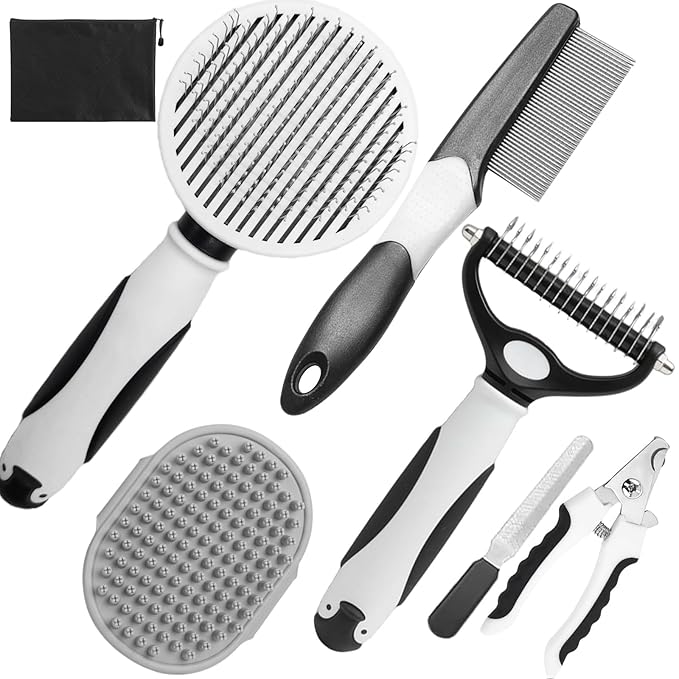 KUEIOX Dog Brush for Shedding, 7 PCS Dog Grooming Brush Kit, Undercoat Rake, Slicker Brush, Deshedding Comb, Bath Brush, Nail Clipper for Long & Short Haired Dogs & Cats, Black