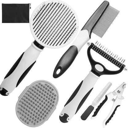 KUEIOX Dog Brush for Shedding, 7 PCS Dog Grooming Brush Kit, Undercoat Rake, Slicker Brush, Deshedding Comb, Bath Brush, Nail Clipper for Long & Short Haired Dogs & Cats, Black