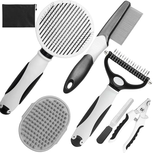 KUEIOX Dog Brush for Shedding, 7 PCS Dog Grooming Brush Kit, Undercoat Rake, Slicker Brush, Deshedding Comb, Bath Brush, Nail Clipper for Long & Short Haired Dogs & Cats, Black