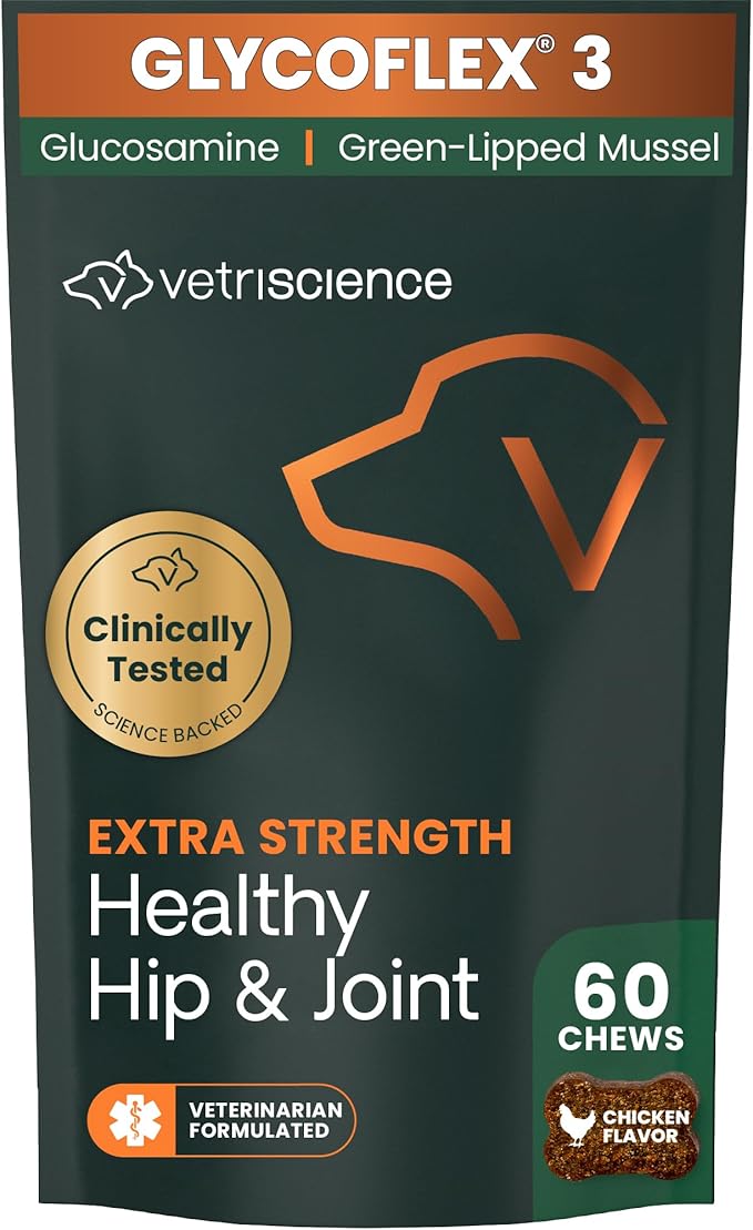 VetriScience Extra Strength Healthy Hip & Joint Chews, GlycoFlex Glucosamine and Green-Lipped Mussel Joint Support Supplement for Dogs, Promote Mobility & Soothe Joint Discomfort, Chicken, 60 Count