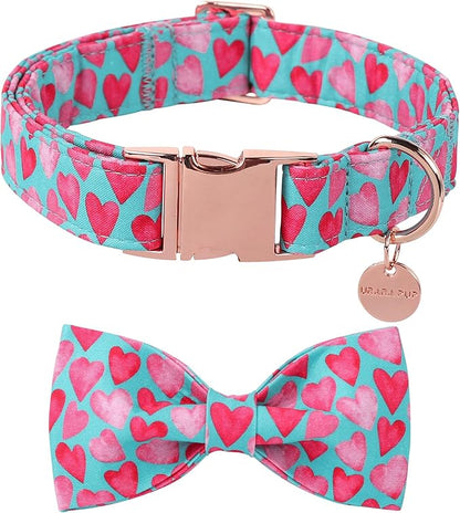 UP URARA PUP Valentine’s Day Dog Collar with Bow Tie, Pink Heart Bowtie Collar with Metal Buckle, Valentine’s Day Gift Pet Collar for Puppy Girl Boy Dog or Cat, Wedding Dog Collar, S, Neck 10-16in