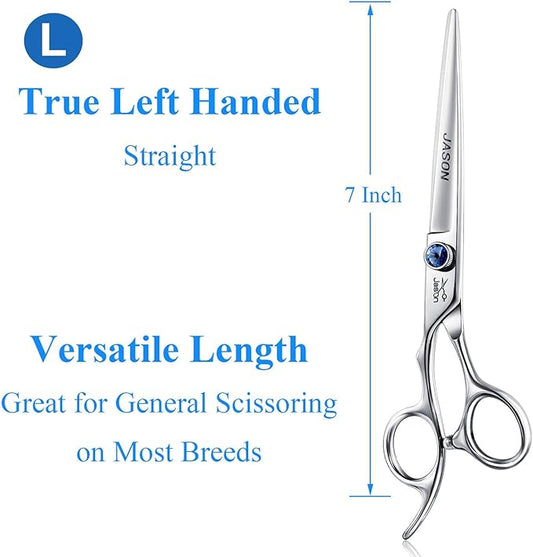 JASON Left Handed 7" Straight Dog Grooming Scissors, Premium Cats Grooming Shears Pets Trimming Kit with Offset Handle and a Jewelled Screw, Sharp, Comfortable Christmas Gift