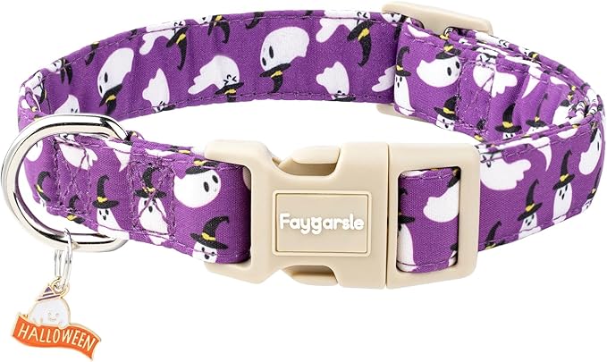 Faygarsle Halloween Dog Collar with Charm, Purple with Ghost Pattern, Adjustable Pet Collar for Small Medium Large Dogs,M