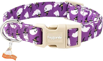 Faygarsle Halloween Dog Collar with Charm, Purple with Ghost Pattern, Adjustable Pet Collar for Small Medium Large Dogs L
