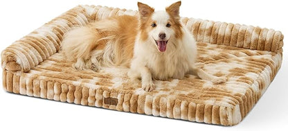 COZY KISS Cute Dog Bed, Faux Rabbit Fur Orthopedic Foam Dog Bed with Sides, Removable Washable Cover & Waterproof Lining, Comfortable Pet Couch for Large Dogs, Tie-Dye Brown (44" L x 32" W x 7" Th)