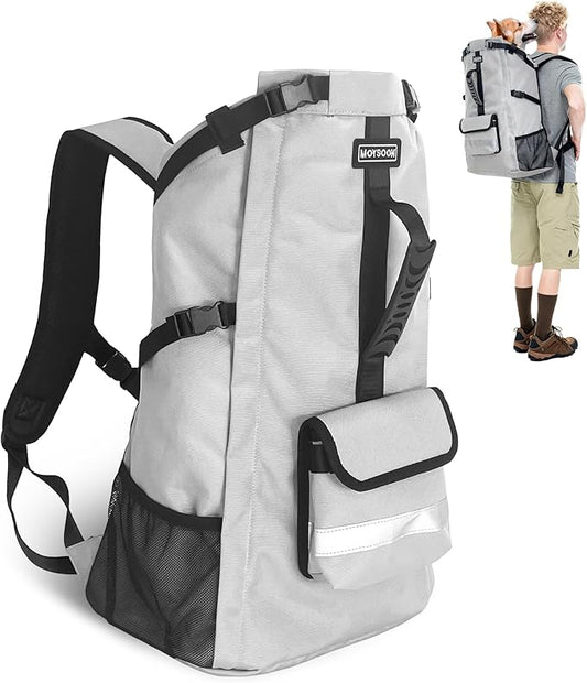 FOXFOCUS Dog Backpack Carrier for Medium Dogs - 4-Layer Protection, Under 30 lb, Waterproof, Adjustable Dog Travel Bag with Storage Pockets, Reflective Strips, Non-Slip Handle for Hiking - Grey