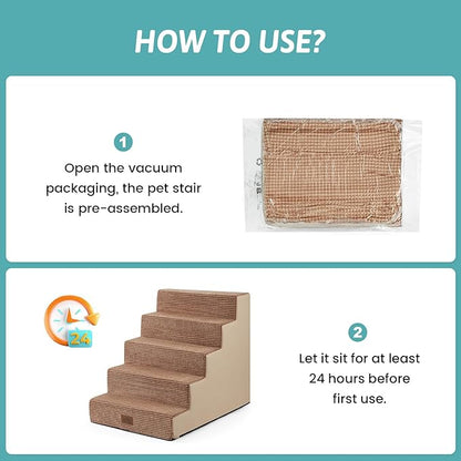 COZY KISS Dog Stairs for Small Dogs 5-Step, 19.7" Extra Wide Right-Angle Pet Stairs for Couch and Beds, Anti-Slip Dog Steps for Old Cats and Lowrider, 19.7x29.5x23.6 inch, Light Brown
