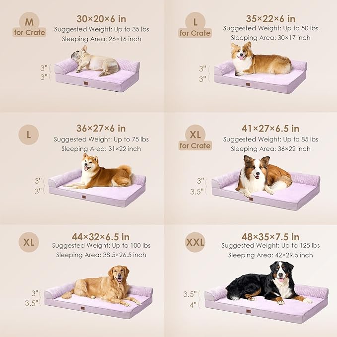 EHEYCIGA Orthopedic Dog Bed Medium Size Dogs, Memory Foam Dog Bed with Washable Removable Cover, Waterproof Pet Sofa Couch for Crate with Nonskid Bottom, 30x20x6, Lilac