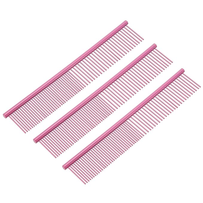 PETAXCELL Dog Cat Comb, Pet Combs Stainless Steel Teeth with Rounded Ends for Knots Mats Loose Hair Removal, 7.5IN (Pink Coated, 3 Pack), Grooming Tool Intended for Long Curly Hair Pet