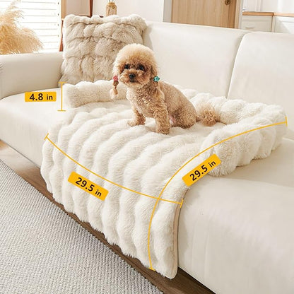 Calming Dog Bed for Couch, 29.5 x 29.5 inch, Non-Slip Rabbit-Velvet Dog Sofa Mat for Furniture Protector, Perfect for Small, Medium Dogs and Cats (Off-White)
