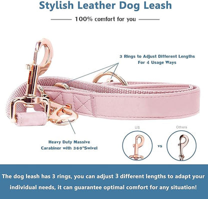 Soft Leather Dog Collar and Leash (6.6') Set - Stylish Rose Gold Heavy Duty Metal Buckle, 4 Adjustable Lengths Leash for Small Medium Large Dogs - Comfortable & Easy to Clean Pink L(15.4"-24.8")