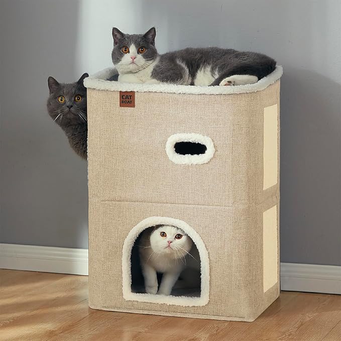 CATBOAT 2-Storey Cat House for Indoor Cats Bed, Covered Beds & Furniture with Scratch Pad and Hideaway Cave, Cute Modern Condo for Multi Small Pet Large Kitten Kitty, Brown