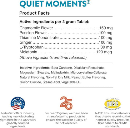 NaturVet Quiet Moments Calming Aid Melatonin Dog Supplement – Helps Reduce Stress in Dogs – for Pet Storm Anxiety, Motion Sickness, Grooming, Separation, Travel – 30 Ct. Tablets