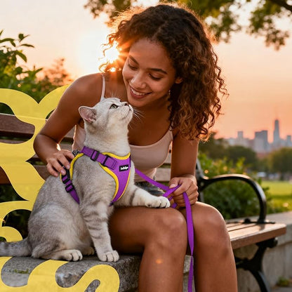 rabbitgoo Cat Harness and Leash for Walking, Escape Proof Soft Adjustable Vest Harnesses for Cats, Easy Control Breathable Reflective Strips Jacket, Purple&Yellow,S