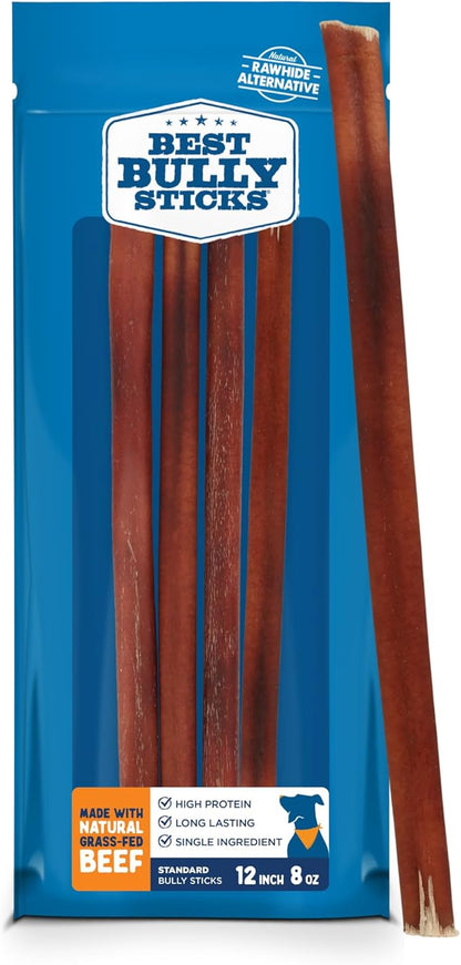 Best Bully Sticks 12 Inch Bully Sticks - 8 oz (Pack of 1) - Natural Grass-Fed, Grain and Rawhide Free, Perfect for Medium or Large Canines
