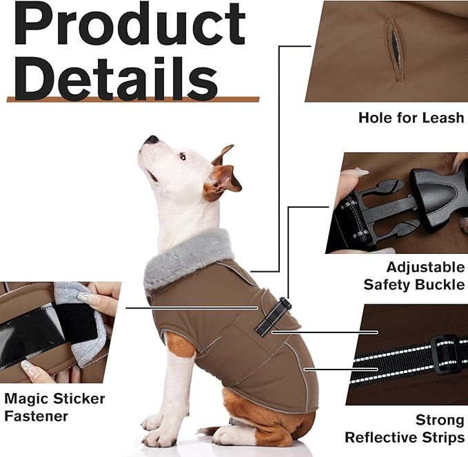 Lelepet Warm Dog Coats for Medium Dogs Waterproof Dog Jacket Reflective Pet Fleece Vest Windproof Cold Weather Coats with Adjustable Buckle & Leash Hole, Brown, M