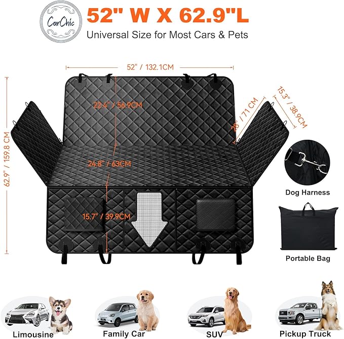 CarChic Back Seat Extender for Dogs, Non-Slip Dog Car Seat Cover for Back Seat with Hard Bottom, Durable Pet Car Backseat Cover, Waterproof Dog Hammock for Car SUV Truck