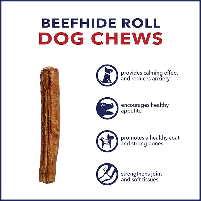 Pet Factory 100% Made in USA Beefhide 8" Rolls Dog Chew Treats - Peanut Butter Flavor, 15 Count/1 Pack