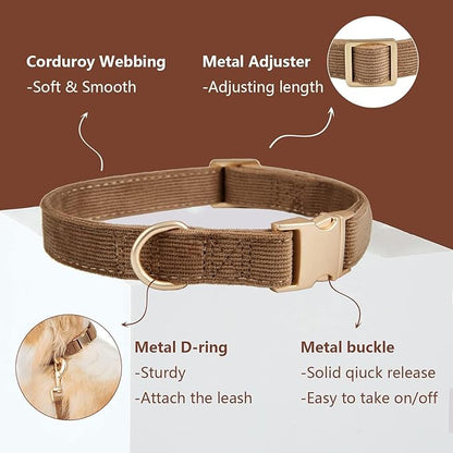 Ewinoom Soft Corduroy Dog Collar and Leash Set Adjustable Durable Dog Collars with Metal Buckle and Lead for Large Dogs,Brown