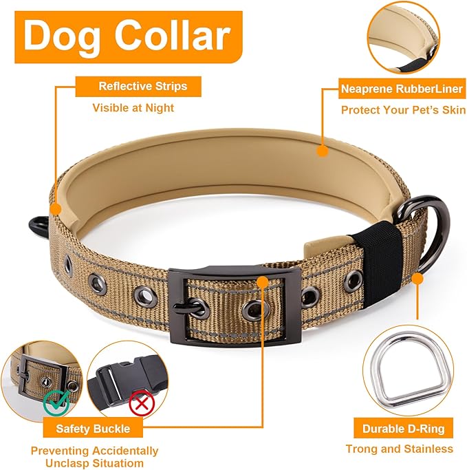 Annchwool No Pull Dog Harness,Heavy Duty Reflective Collar & Leash Set-Leash with Double Handle & Car Seatbelt Clip-Easy Control for Walking Training Medium Large Size Dogs(Brown,S)