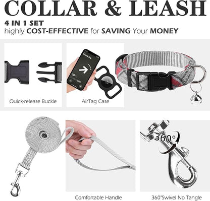 EXPAWLORER Classic Plaid Puppy Harness - Small Dog Harness and Leash Set - Dog Collar and Leash Set with AirTag Holder, Soft Padded Step in Dog Vest Harness No Pull Reflective for Outdoor, Grey XXS