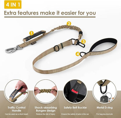 AUBELL Tactical Dog Leash Heavy Duty,4-6ft Reflective Strong No Pull Bungee Leash for Small Dogs with Comfortable Padded Double Handle,Car Seat Belt,360 Degree Rotating Carabiner,Brown
