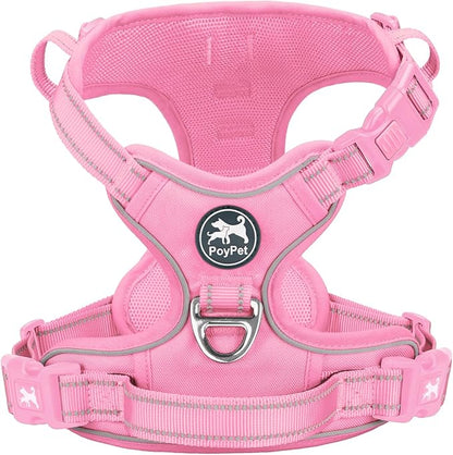 PoyPet No Pull Dog Harness, No Choke Reflective Dog Vest, Adjustable Pet Harnesses with Easy Control Padded Handle for Small Medium Large Dogs(Light Pink Matching Trim,XL)