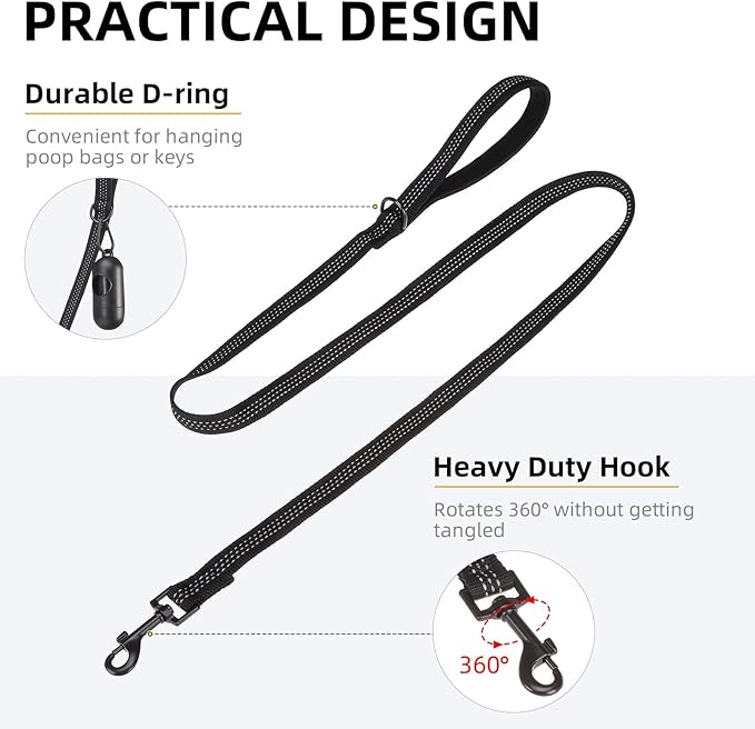 PUPTECK Reflective Dog Leash with Comfortable Padded Handle Durable Nylon Dog Lead for Small Medium and Large Dogs Cats Walking Running Training Outside, Black, M