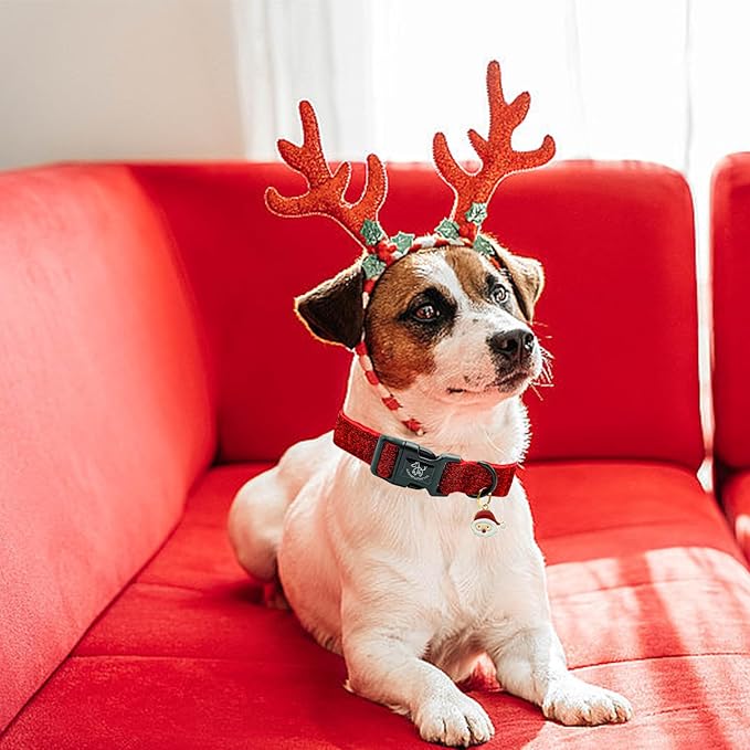 Elegant little tail Glittering Dog Collar, Christmas Cute Girl Boy Pet Collar Winter Red Bling Pet Collars with Durable Cotton Webbing Adjustable Dog Collars for X-Small Puppy