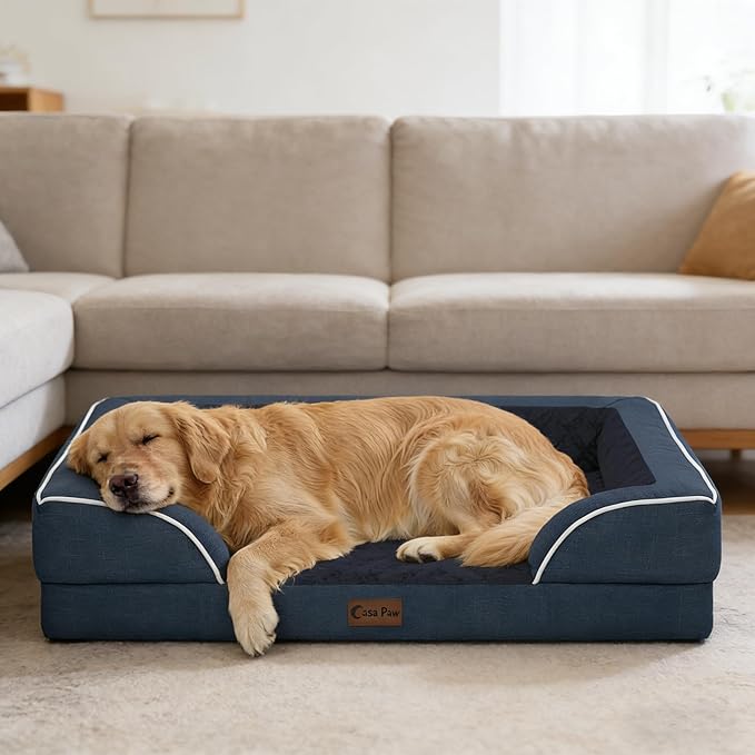 Casa Paw Orthopedic Dog Beds for Large Sized Dogs, Waterproof Memory Foam Large Pet Bed with Sides 36x27Inch, Non-Slip and Egg-Crate Foam Big Dog Couch Bed with Removable Washable Cover, Navy Blue