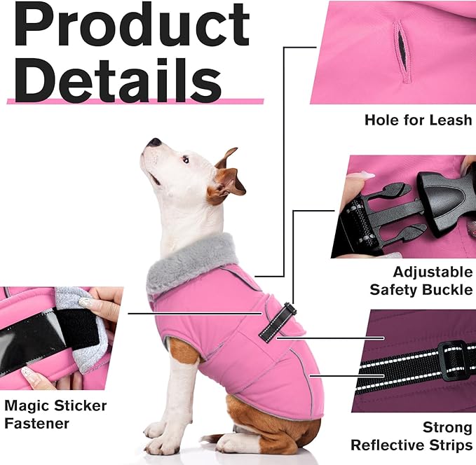 Lelepet Warm Dog Coats for Large Dogs Waterproof Dog Winter Jacket Reflective Pet Fleece Vest Windproof Cold Weather Coats with Adjustable Buckle & Leash Hole, Pink, XXL