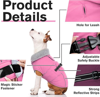 Lelepet Warm Dog Coats for Large Dogs Waterproof Dog Winter Jacket Reflective Pet Fleece Vest Windproof Cold Weather Coats with Adjustable Buckle & Leash Hole, Pink, XXL