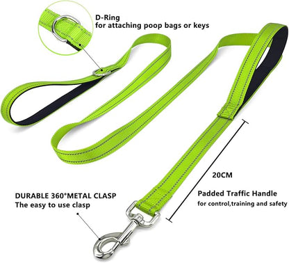 6 FT Dog Leash with 2 Padded Handle Nylon Reflective Dogs Leashes for Small Medium Large Dogs Green
