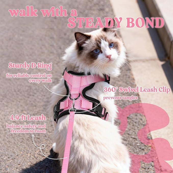 rabbitgoo Cat Harness and Leash for Walking, Escape Proof Soft Adjustable Vest Harnesses for Cats, Easy Control Breathable Reflective Strips Jacket, Pink, M