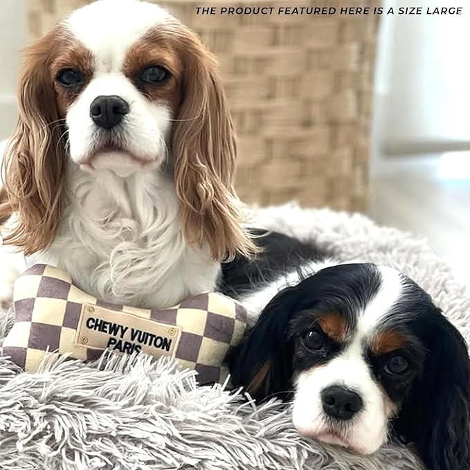 Haute Diggity Dog Checker Chewy Vuiton Bone, Plush Designer Dog Toys with Interactive Squeaker, Stimulating Pet Enrichment, Machine-Washable & Safe Materials for All Breeds, Size Large