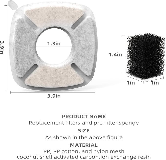 Cat Water Fountain Filter Pet Drinking Fountain Filter, Compatible with 67/95/135/85oz Automatic Pet Dispenser, Triple Filtration Dog Fountain Filter, 16 Pack (16 Carbon Filters+16 Sponge Filters)